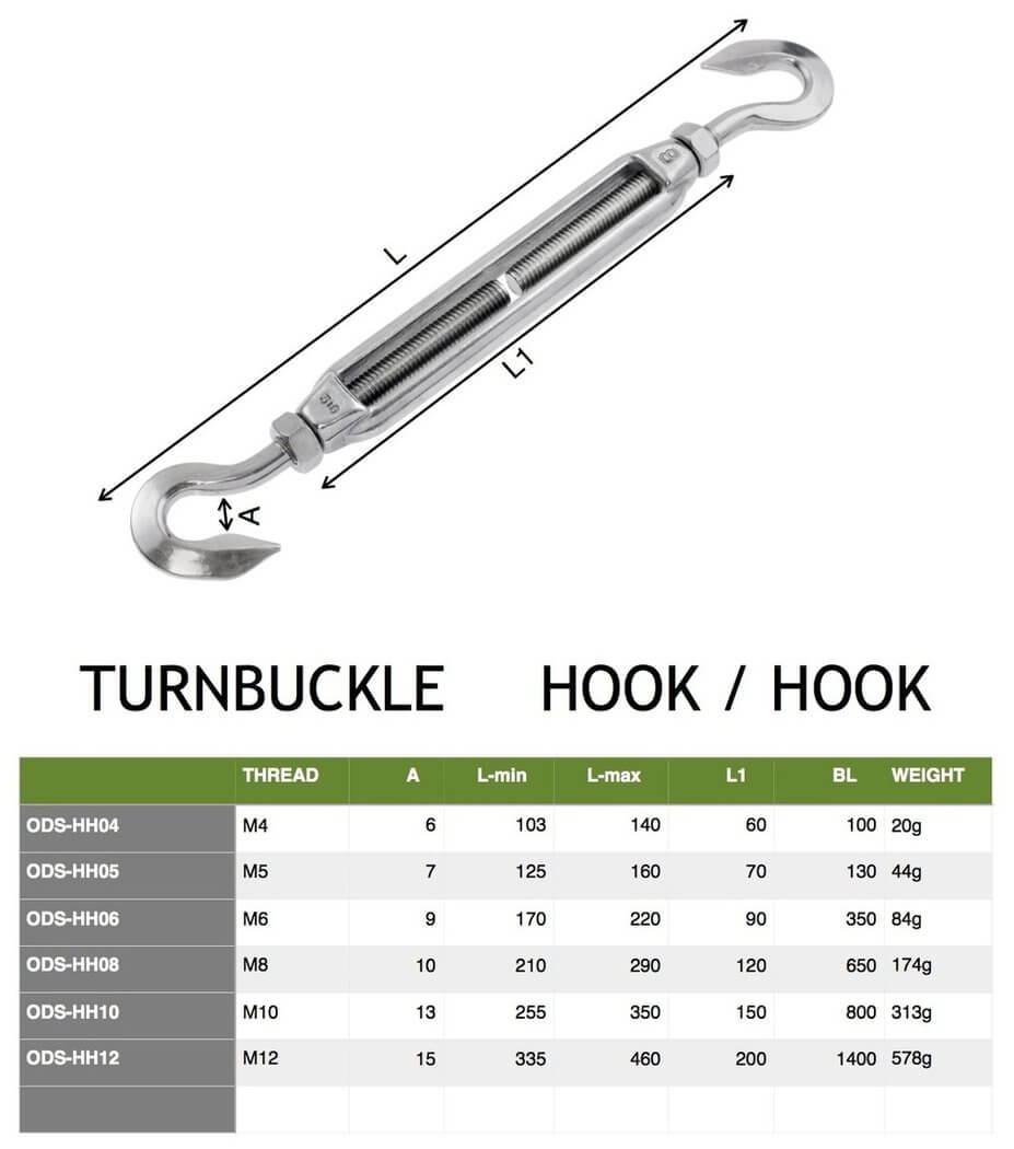 Turnbuckle 3/8 inch (10mm) Hook Hook stainless steel 316 shade sail