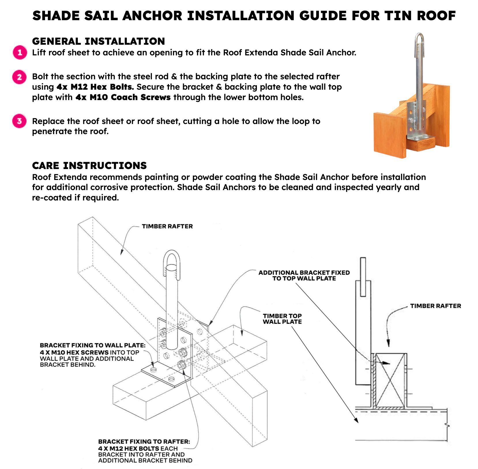 Shade Sail Roof Anchor – Rafter Bracket Weather SeaL Tile Metal Roof