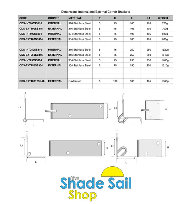 Corner Bracket 3.9 x 3.9 Inch Internal 316 stainless steel