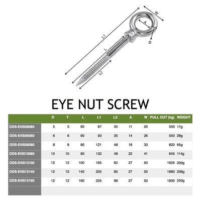 Eye Nut Screw 12mm M12 - 160mm shaft, 98mm thread, 225mm overall, collared Electropolish finish
