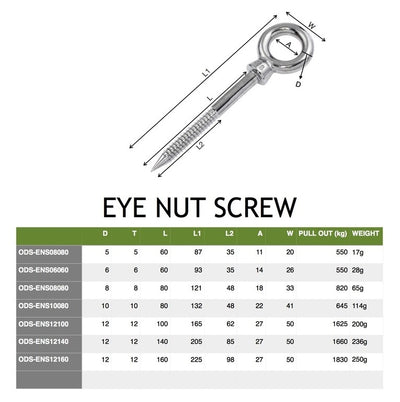 Eye Nut Screw 5mm M5 - 60mm shaft, 35mm thread, 87mm overall, collared Electropolish finish