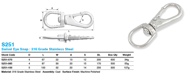 100mm Swivel Eye Snap 316 Grade Stainless Steel Snap Hooks