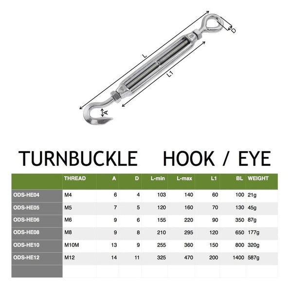 Turnbuckle 3/8 inch (10mm) Hook Eye stainless steel 316 (Electropolished)