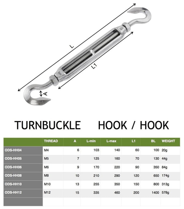 Turnbuckle 1/4 inch (6mm) Hook Hook stainless steel (Electropolished)