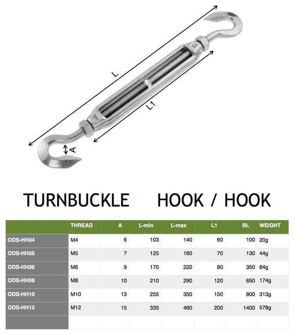 Turnbuckle 3/8 inch (10mm) Hook Hook stainless steel 316 (Electropolished)
