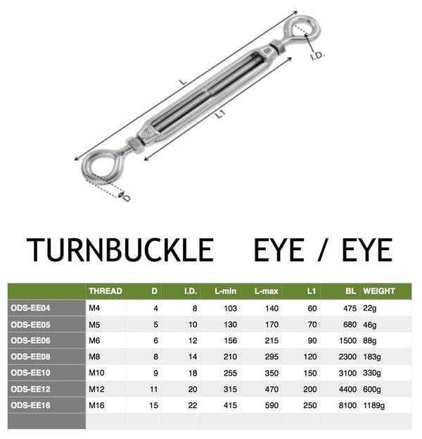 Turnbuckle 1/4 inch (6mm) Eye Eye stainless steel 316 (Electropolished)