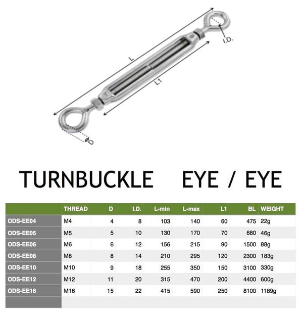 Turnbuckle 5/16 inch (8mm) Eye Eye stainless steel 316 (Electropolished)