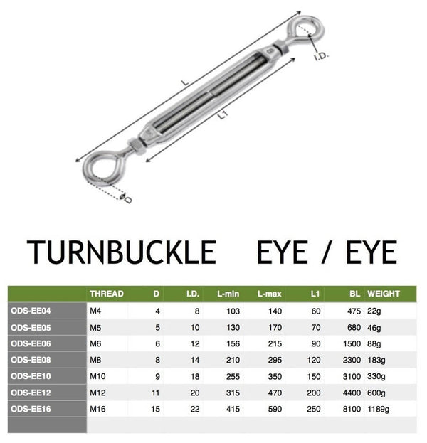 Turnbuckle 3/8 inch (10mm) Eye Eye stainless steel 316 (Electropolished)